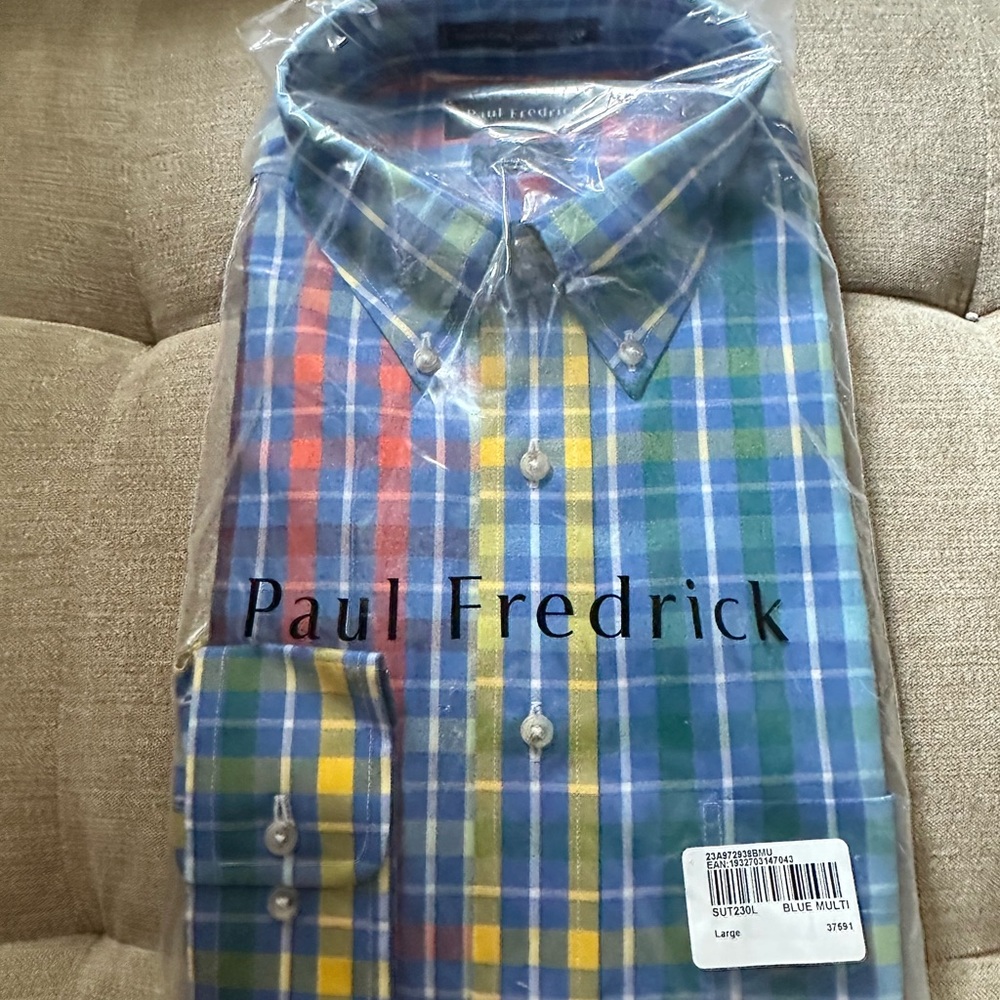 Paul Fredrick Multi-color Plaid Button Down Shirt 100% Long Cotton (size L)
